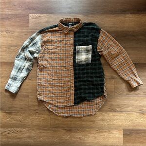 Just Polly Orange Green Plaid Flannel Button Long Sleeve Shirt Mixed Half
